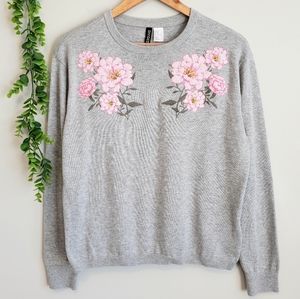 H&M Floral Embroidered Cotton Knit Sweater
